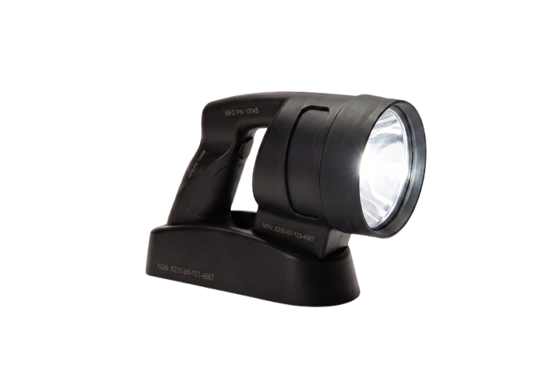 Kii.am defense handheld device — matte black with white LED, reskinned from a Kii.am-manufactured product